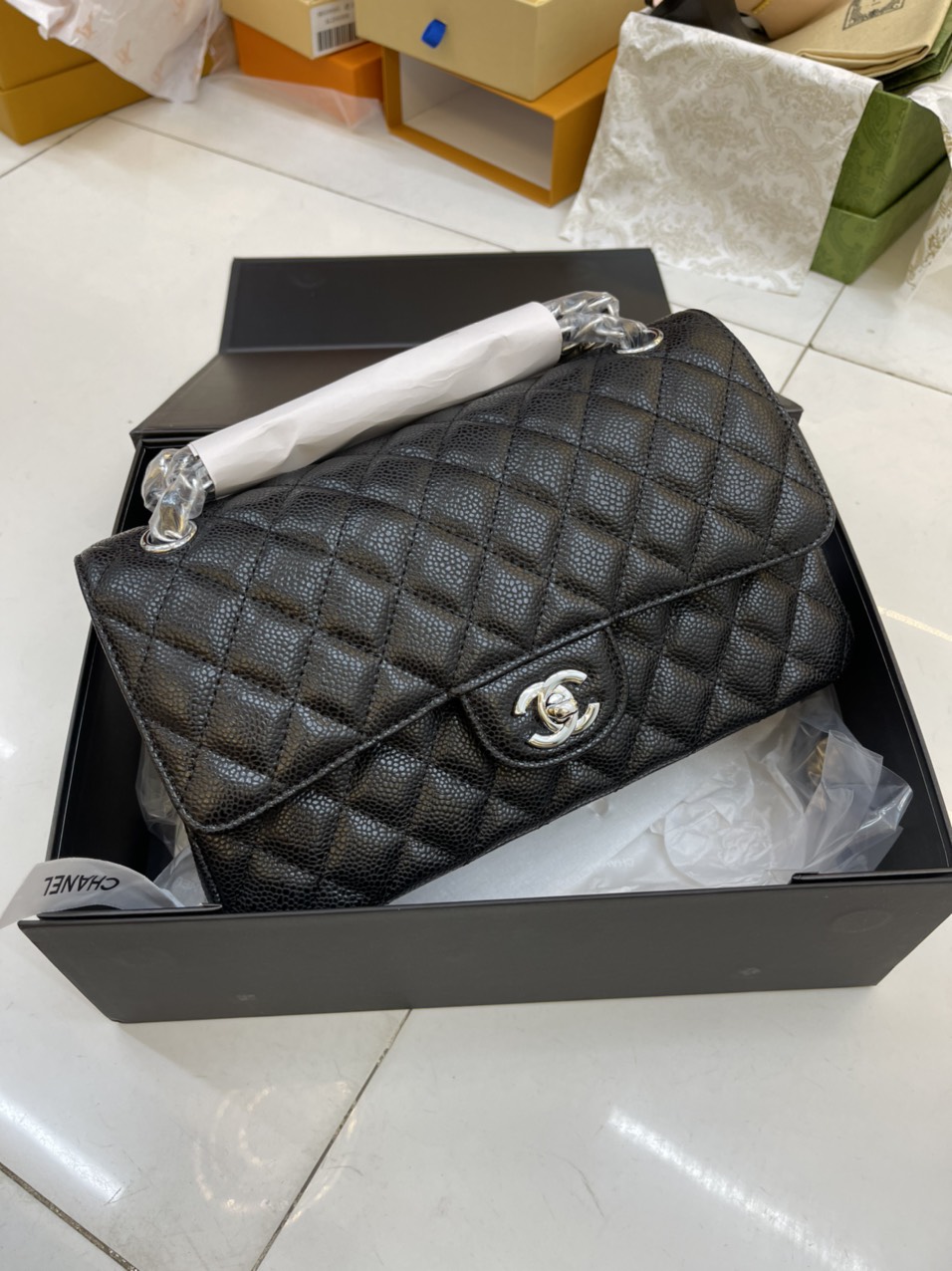 Túi Xách Chanel Super Classic Da Hạt Khóa Bạc 25CM